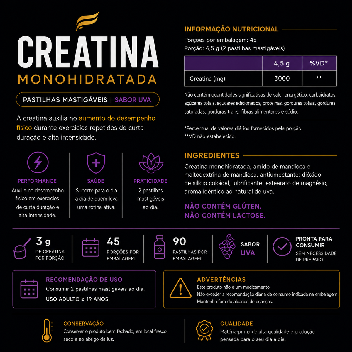 Creatina FLUERE VITA em pastilhas mastigáveis – Sabor Uva