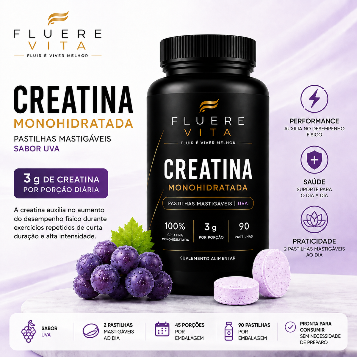 Creatina FLUERE VITA em pastilhas mastigáveis – Sabor Uva