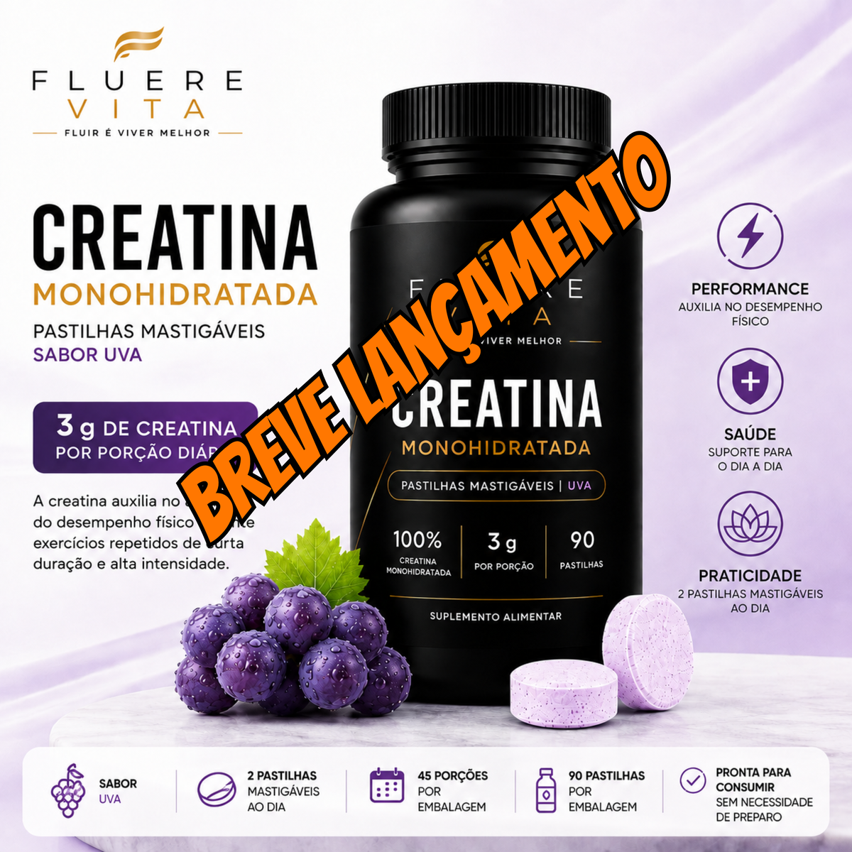 Creatina FLUERE VITA em pastilhas mastigáveis – Sabor Uva